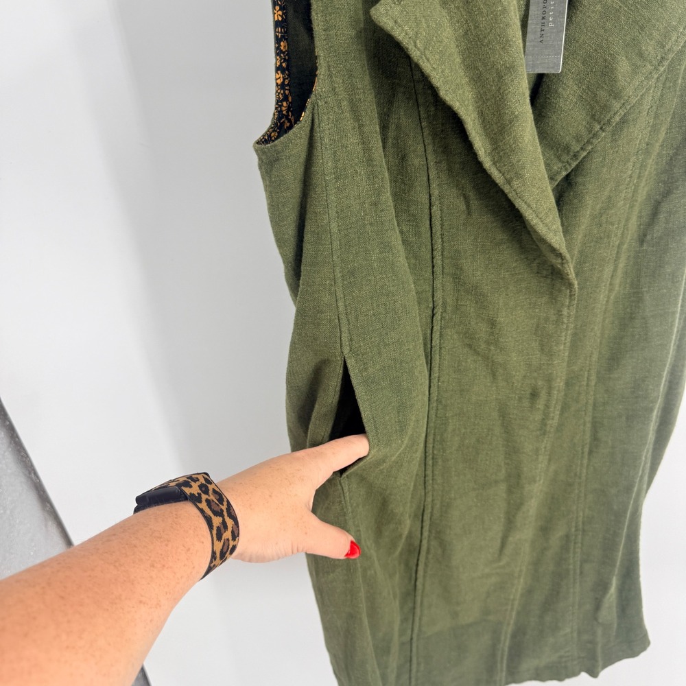 Anthropologie Moss Green Linen Blend Sleeveless Trench Vest Petite XSP New - Picture 2 of 7